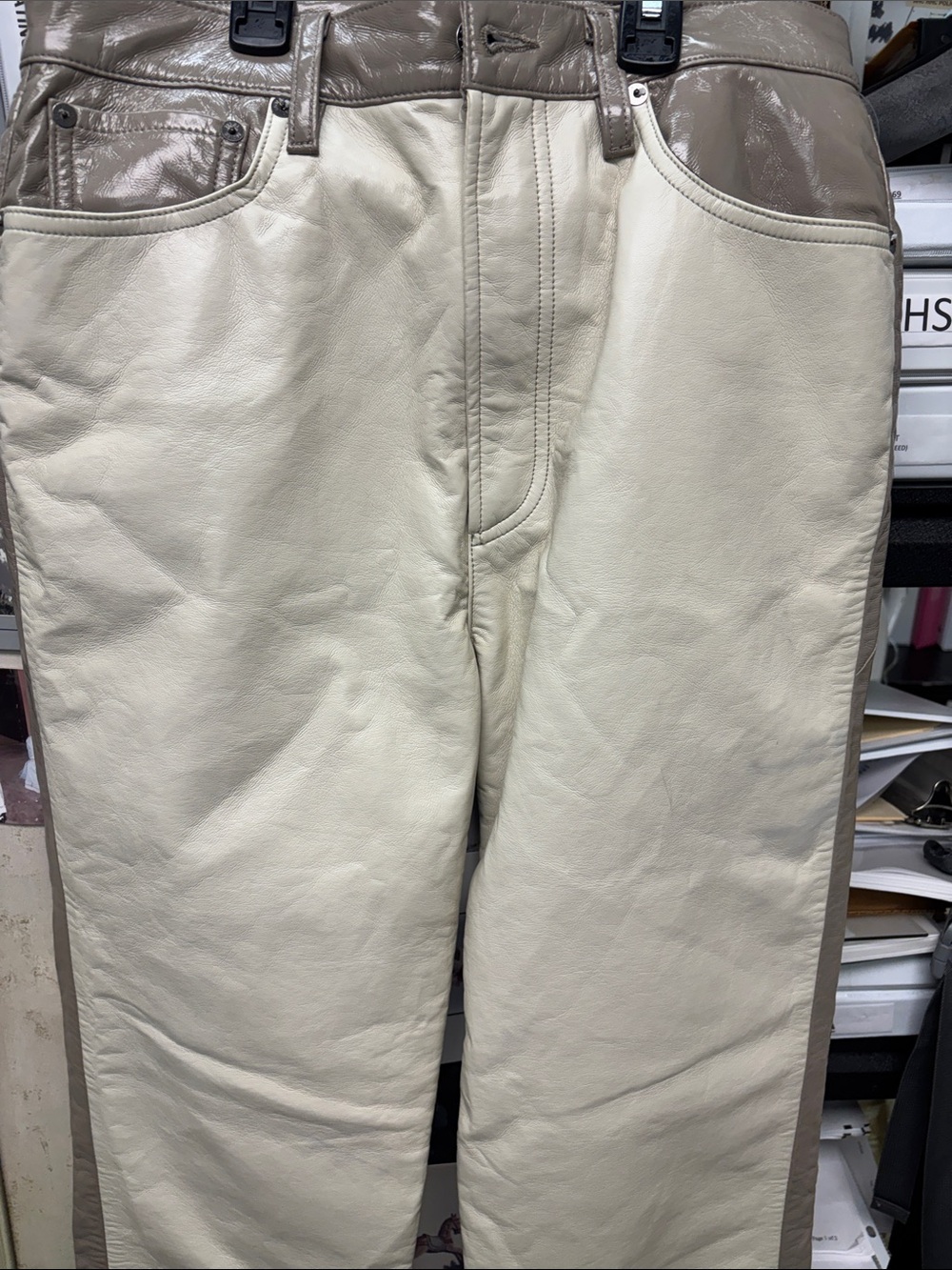 Men's Two-Tone Leather Pants in Cream and Taupe - waist 28 - Anthropologie -NWT